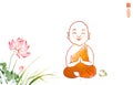 Little meditating buddhist monk in orange robe and big lotus flower on white background. Hieroglyph - clarity