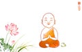 Little meditating buddhist monk in orange robe and big lotus flower on white background. Hieroglyph - clarity Royalty Free Stock Photo