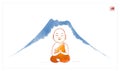 Little meditating buddhist monk in orange robe and blue Fujiyama mountain on white background. Traditional oriental ink
