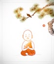 Little meditating buddhist monk in orange robe under the pine tree. Traditional oriental ink painting sumi-e, u-sin, go