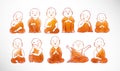 Little meditating buddhist monks in orange robes on white background.