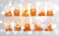 Little meditating buddhist monks in orange robes on white glowing background.