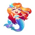 Little mermaid with closed eyes and red hair sings.