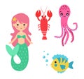 Little mermaid cute cartoon illustration characters