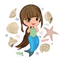 Little mermaid girl. Flirts. Handsome fashionable child. The isolated object on a white background. Vector illustration