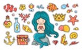 Little mermaid with heart sitting on a rock. Set of cartoon stickers, patches, badges, pins and prints for kids.