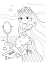 The little mermaid sits in front of the mirror and combs her hair. Outline illustration for coloring book