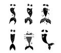 Little mermaid tail isolated clipart bundle, baby mermaid decor, sea underwater life black and white vector graphic