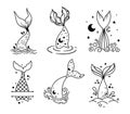 Little mermaid tail isolated clipart bundle, baby mermaid decor, sea underwater life black and white vector graphic