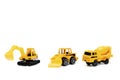 Little mini yellow plastic concrete mixer,excavator tractor,truck lorry,car automobile toy isolated on white background mockup Royalty Free Stock Photo
