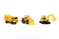 Little mini yellow plastic concrete mixer,excavator tractor,truck lorry,car automobile toy isolated on white background mockup Royalty Free Stock Photo