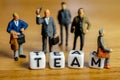 Little miniature figurines with little dices forming word team as a part of team meeting collection pictures