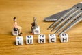 Little miniature figurines with little dices forming word lunch as a part of team meeting collection pictures