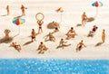 Little miniature people sunbathing on a beach