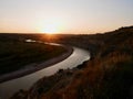 Little Missouri River seen from Riverbend Overlook at sunset. Theodore Roosevelt National Park, North Dakota, USA. Royalty Free Stock Photo