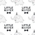 Little Mister - nursery birthday seamless pattern with elephant and lettering in scandinavian style