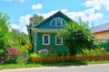 Little modern house with flowers on Stepan Razin street in Torzhok city, Russia Royalty Free Stock Photo