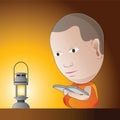 Little monk is learning Dharma in a night by oil lamp,to be guru