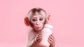 Little monkey with a bottle of milk on a pink background. Banner, copy space. Royalty Free Stock Photo