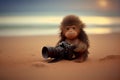 Little monkey photographer with long hair. AI Generated