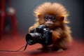 Little monkey photographer with long hair. AI Generated