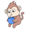 Little monkey is sitting drinking milk from a straw, doodle icon image kawaii