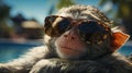 Little monkey in sunglasses on the beach on vacation, close-up face. AI generated