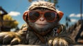 Little monkey in sunglasses on the beach on vacation, close-up face. AI generated