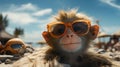 Little monkey on the beach on vacation resting, close-up face. AI generated