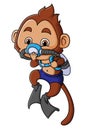 The little monkey is wearing a scuba diving gear to dive in water