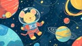 little mouse astronaut, space background for kids with planets and stars cartoon illustration