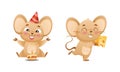 Little Mouse Character with Long Tail and Big Ears with Birthday Cake and Cheese Vector Set Royalty Free Stock Photo