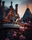 Little mouse in a chimney on the roofs of Paris with beautiful pink flowers.