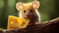 Little mouse eating cheese, cute rodent