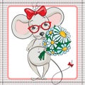 A little mouse with glasses with a big bouquet of flowers