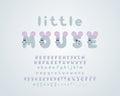 Little mouse, gray color. Cartoon vector alphabet. Uppercase letters and numbers with cute animal faces, with pink nose