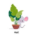 Little Mouse Hiding Behind Houseplant Demonstrating English Verb for Educational Activity Vector Illustration
