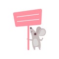 Little Mouse Holding Pink Empty Banner, Cute Cartoon Animal with Blank Sign Board Vector Illustration Royalty Free Stock Photo