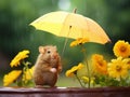 a little mouse holds a small yellow umbrella among the flowers in its paws