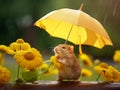 a little mouse holds a small yellow umbrella among the yellow flowers in its paws