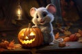 little mouse hugs Halloween pumpkin, Generative AI