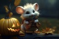 little mouse hugs Halloween pumpkin, Generative AI