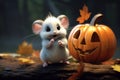 little mouse hugs Halloween pumpkin, Generative AI