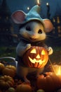 little mouse hugs Halloween pumpkin, Generative AI