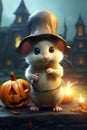 little mouse hugs Halloween pumpkin, Generative AI