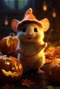 little mouse hugs Halloween pumpkin, Generative AI