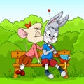 Little mouse kissing shy rabbit on bush background Royalty Free Stock Photo