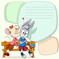 Little mouse kissing shy rabbit on text background