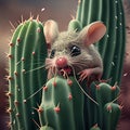 little mouse sits on a cactus and eats