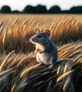 Little mouse sitting in wheat field under the sun. AI generated